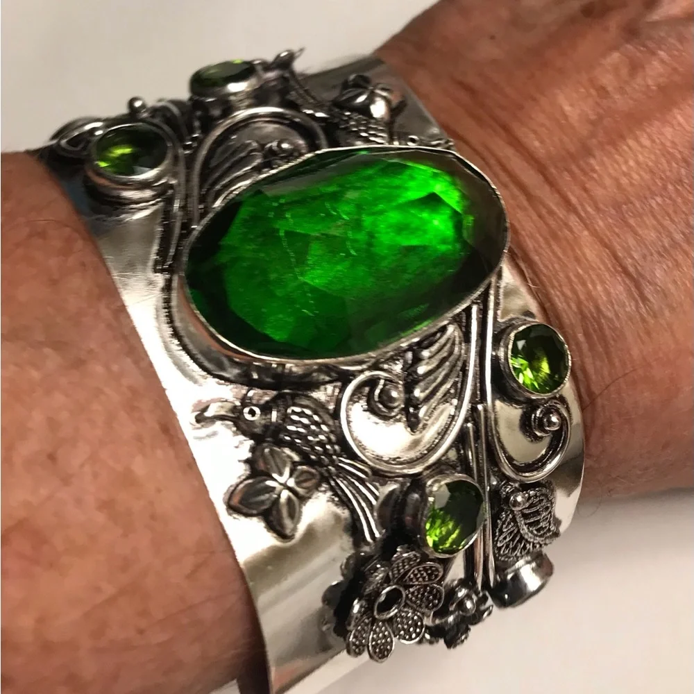 Peridot Stamped Solid 925 Sterling Silver Cuff Bracelet